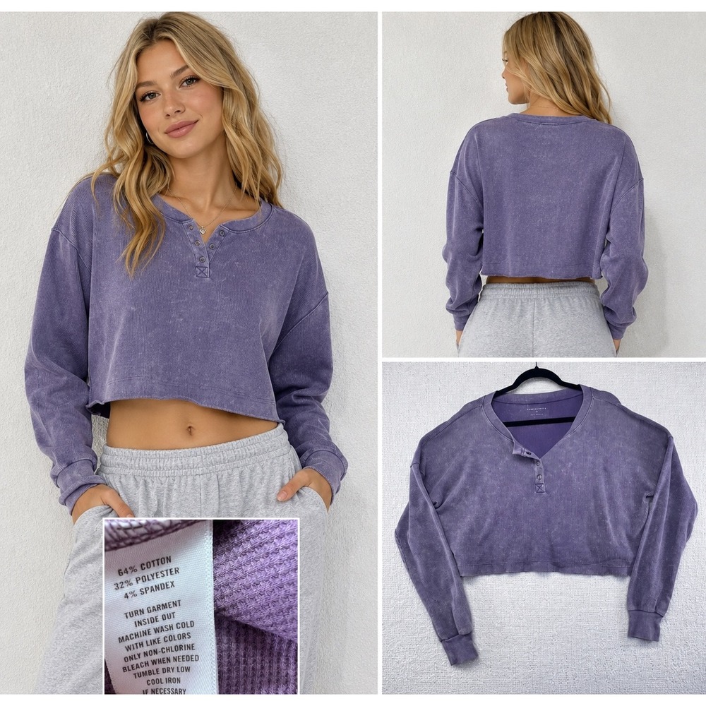 Aeropostale Womens Purple Mineral Wash Waffle Knit Cropped Henley Top Size M